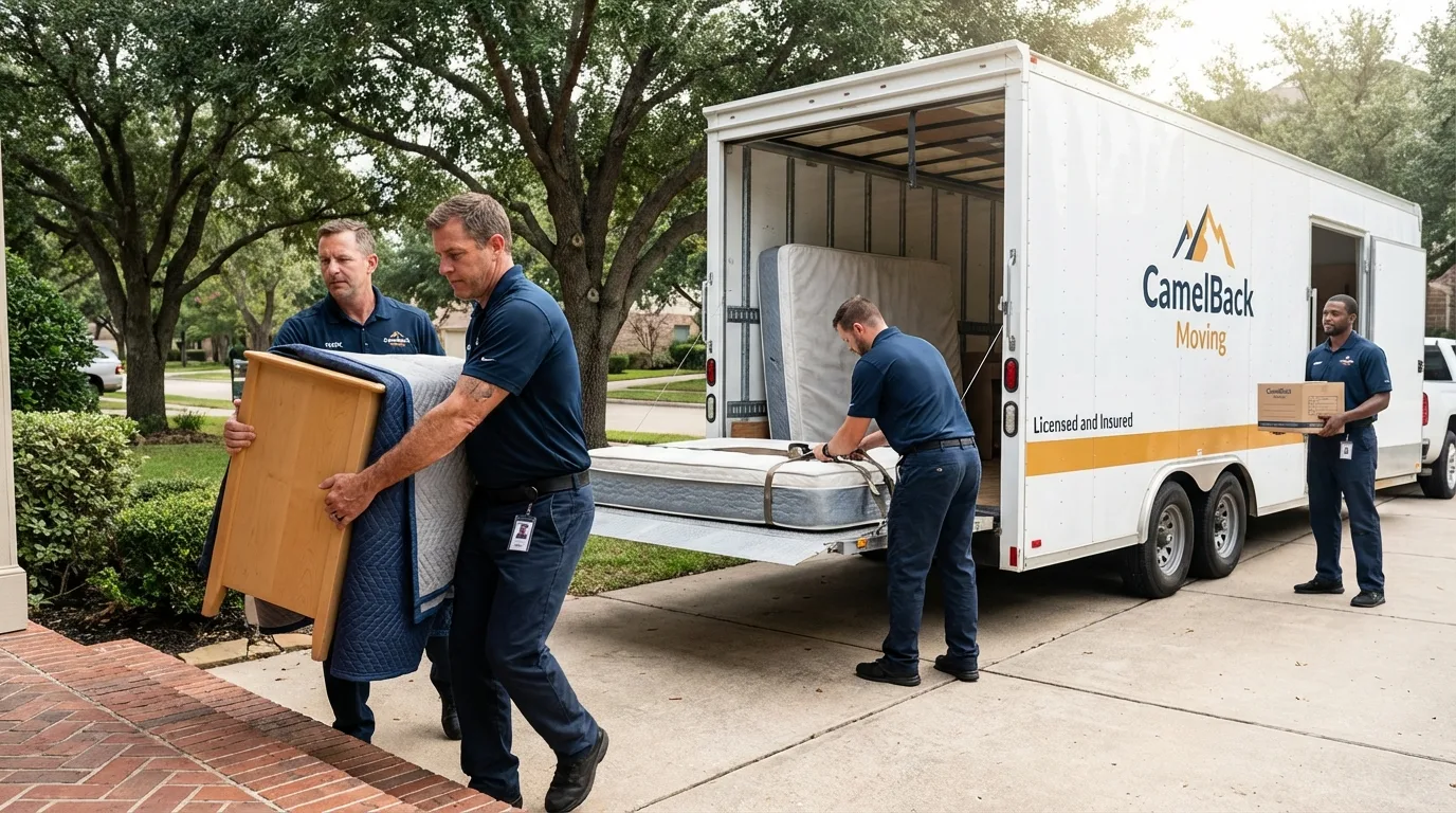 Crew loading residential truck for cross-state move from Muldrow, OK