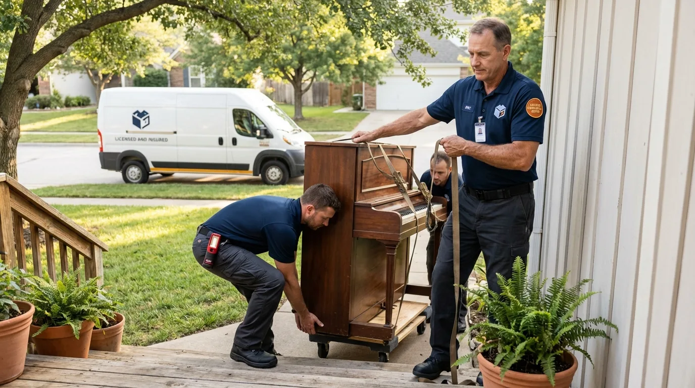 Licensed piano movers securing grand piano in Muldrow, OK