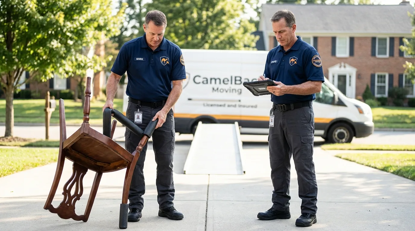 Movers inspecting furniture for damage prevention before loading in Muldrow, OK
