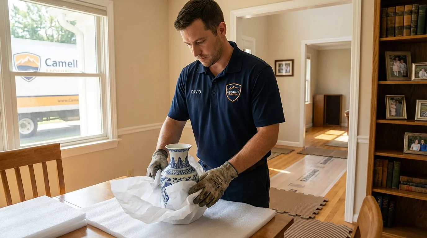 Professional crew carefully wrapping antique vase for senior downsizing move in Muldrow, OK